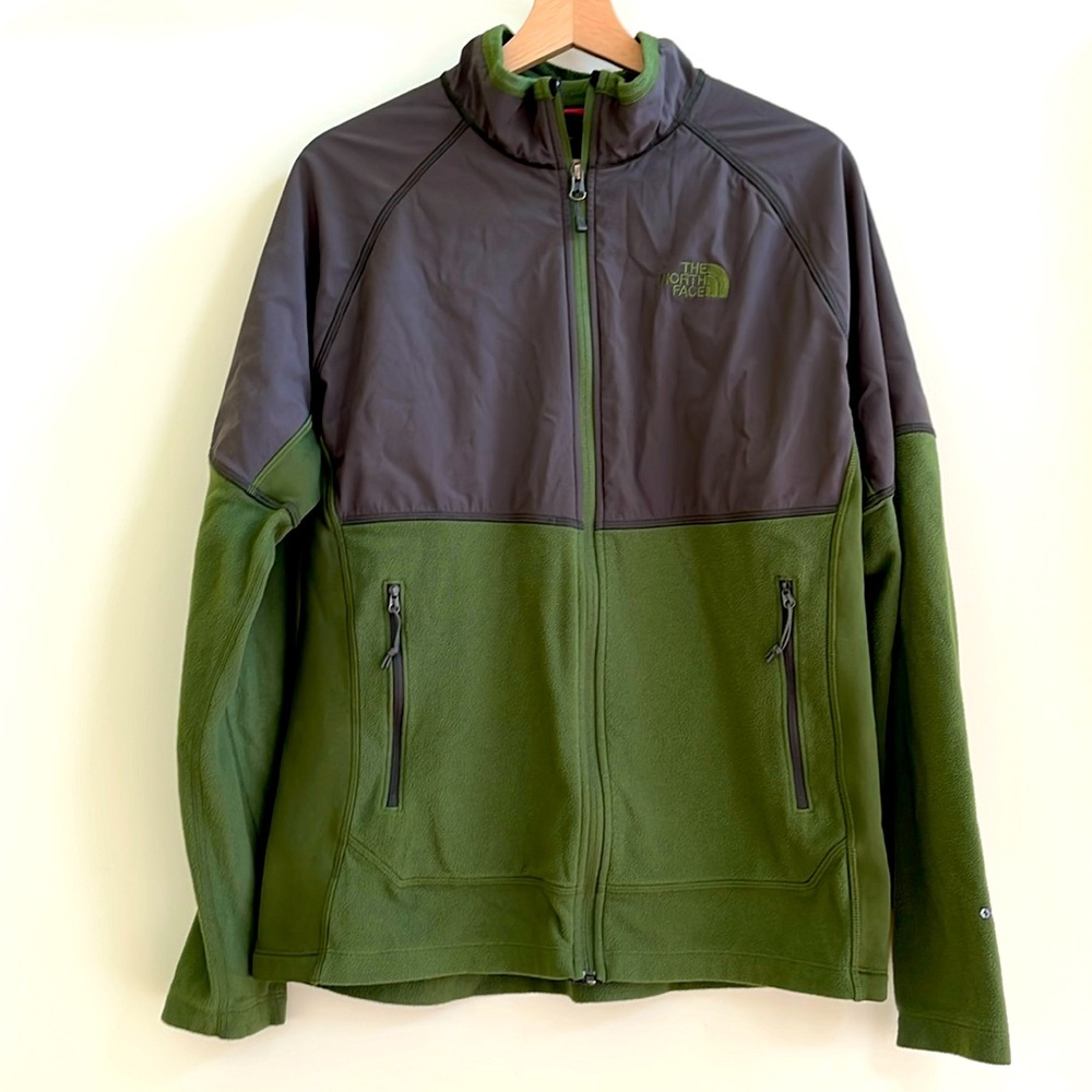 Men’s large North Face fleece jacket in green with fabric side panels.